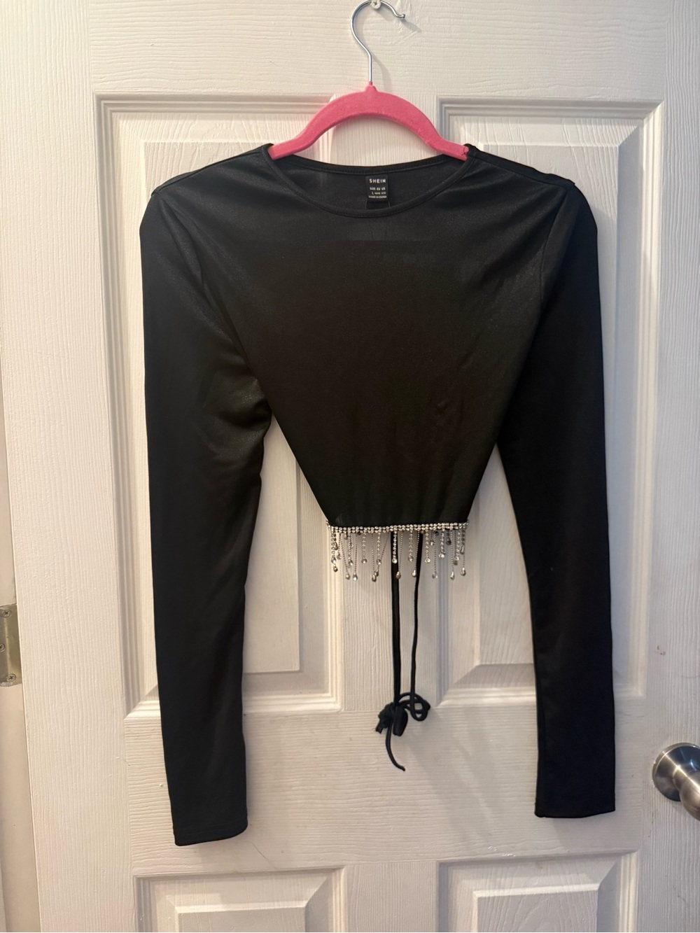 SHEIN Black Long-Sleeve Cropped Top with Rhinestone Tassel
